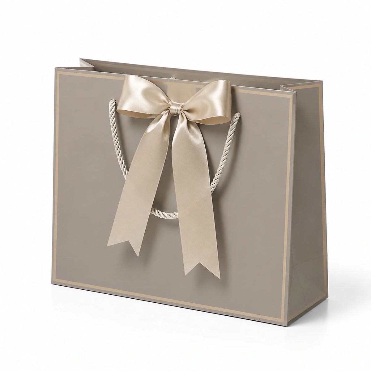 Sacchetto regalo 30 x 12 x 25 cm in carta tortora e avorio con fiocco elegante