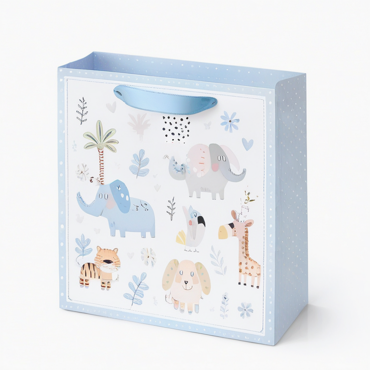 Borsa regalo 32 x 12 x 26 cm in carta azzurro e bianco con manici in nastro stile animali per confezioni regalo
