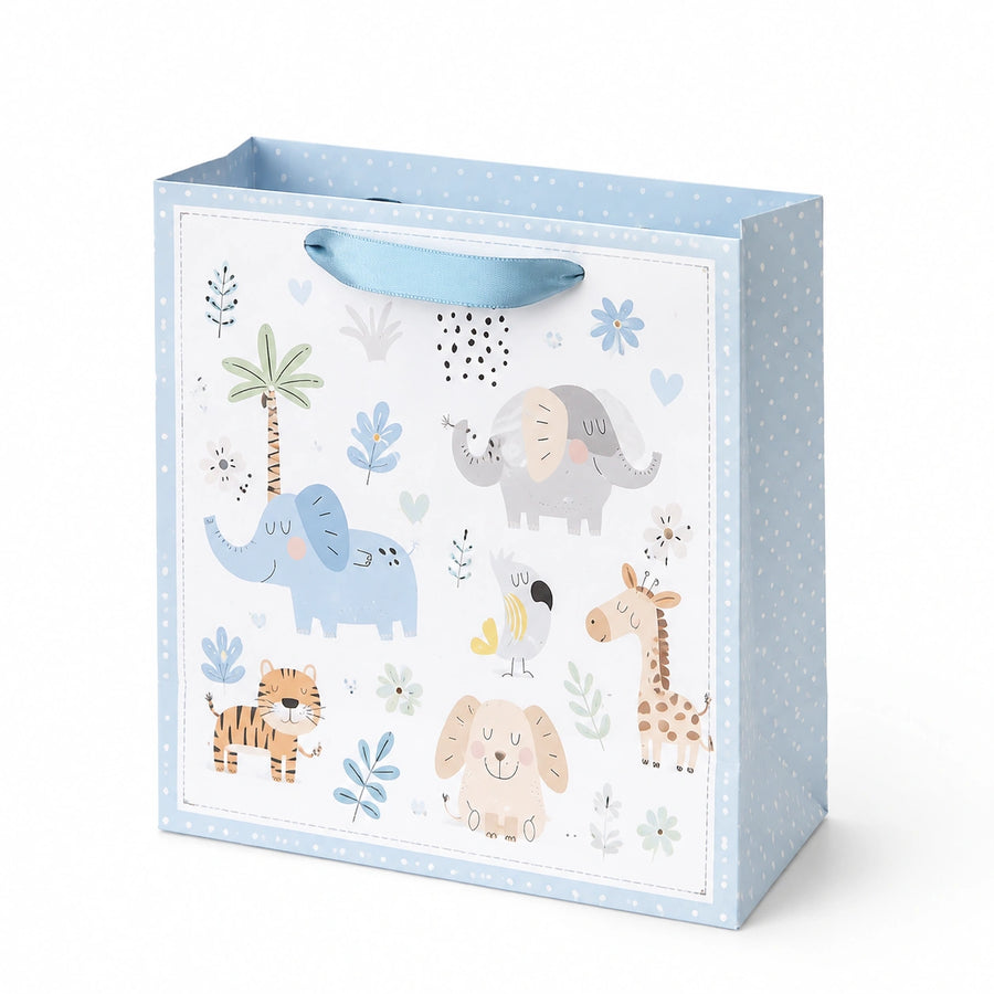 Borsa regalo 32 x 12 x 26 cm in carta azzurro e bianco con manici in nastro stile animali per confezioni regalo