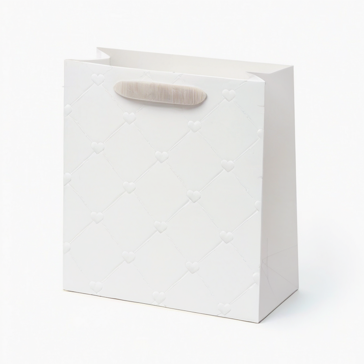 Sacchetto regalo 26 x 12 x 32 cm in carta bianca con manici in nastro a cuori stile romantico