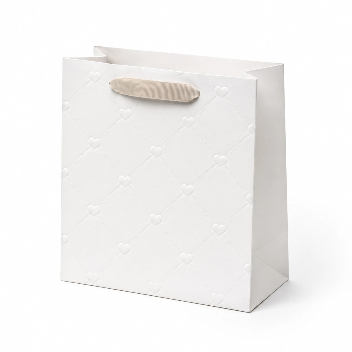 Sacchetto regalo 26 x 12 x 32 cm in carta bianca con manici in nastro a cuori stile romantico