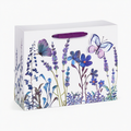 Borsa regalo 26 x 12 x 32 cm in carta bianca con fiori e farfalle - manici in nastro viola