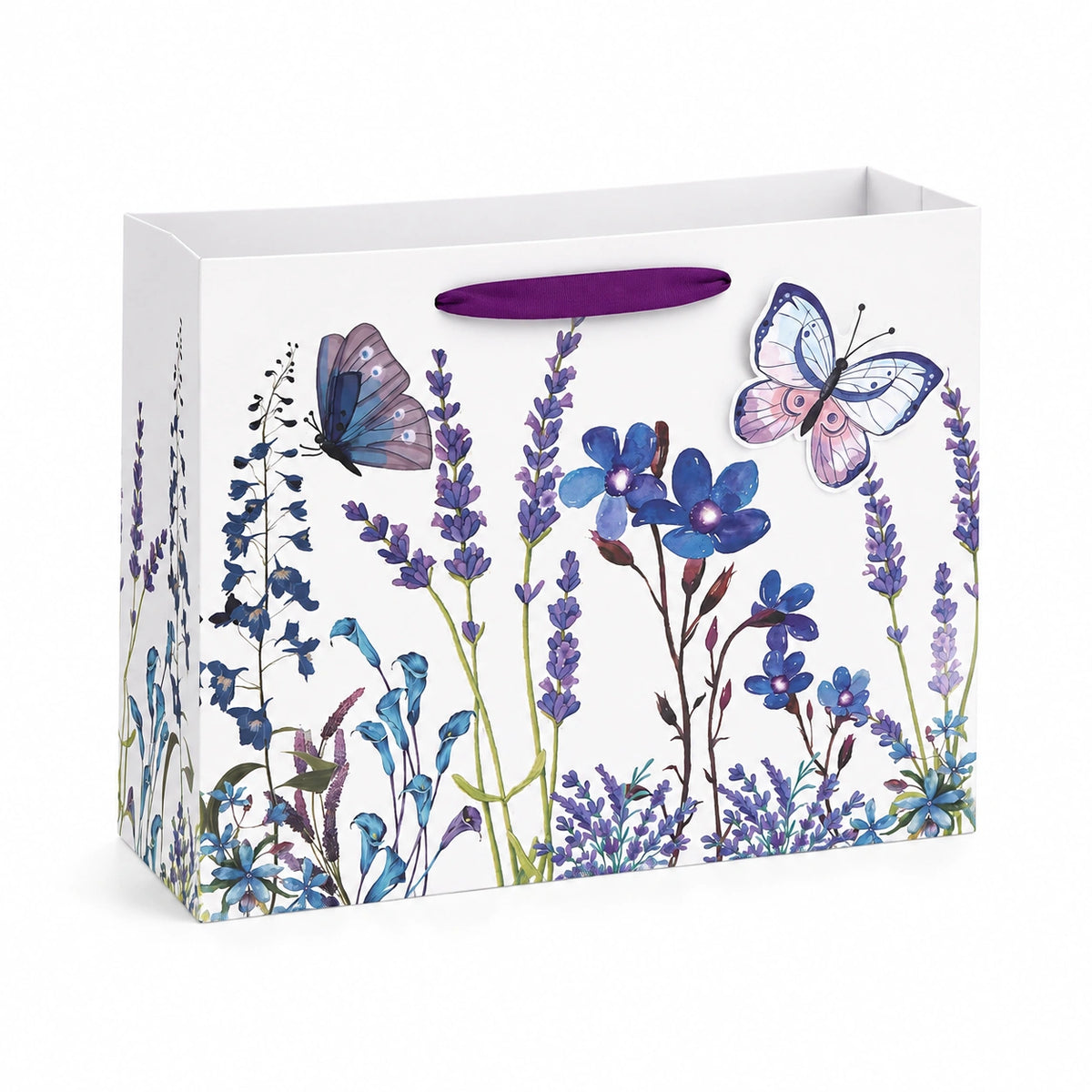 Borsa regalo 26 x 12 x 32 cm in carta bianca con fiori e farfalle - manici in nastro viola
