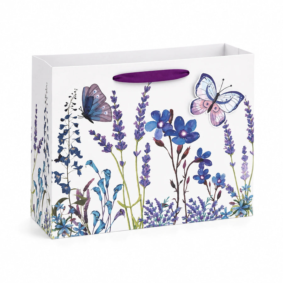 Borsa regalo 26 x 12 x 32 cm in carta bianca con fiori e farfalle - manici in nastro viola