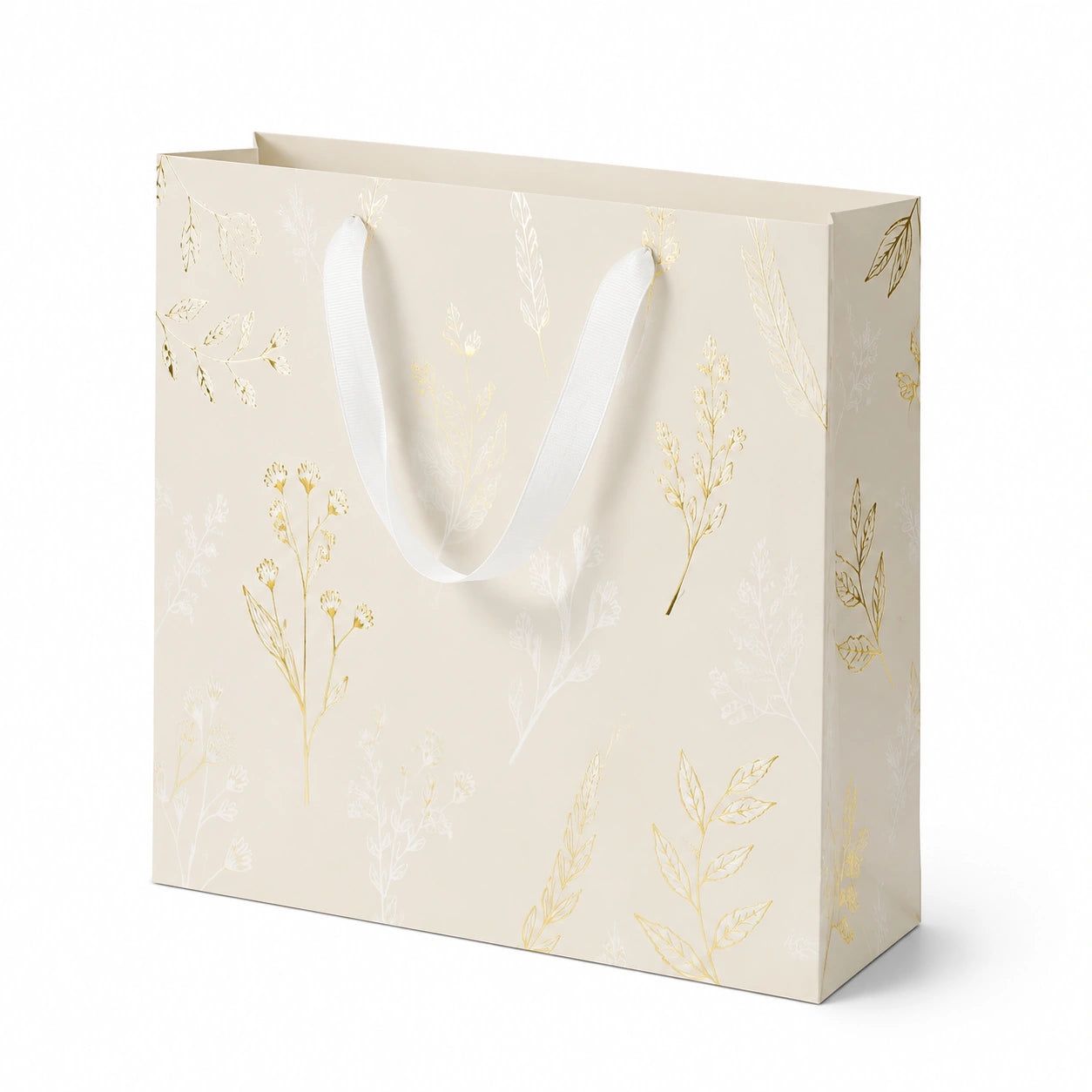 Sacchetto regalo 32 x 12 x 26 cm in carta beige con manici in nastro stile floreale