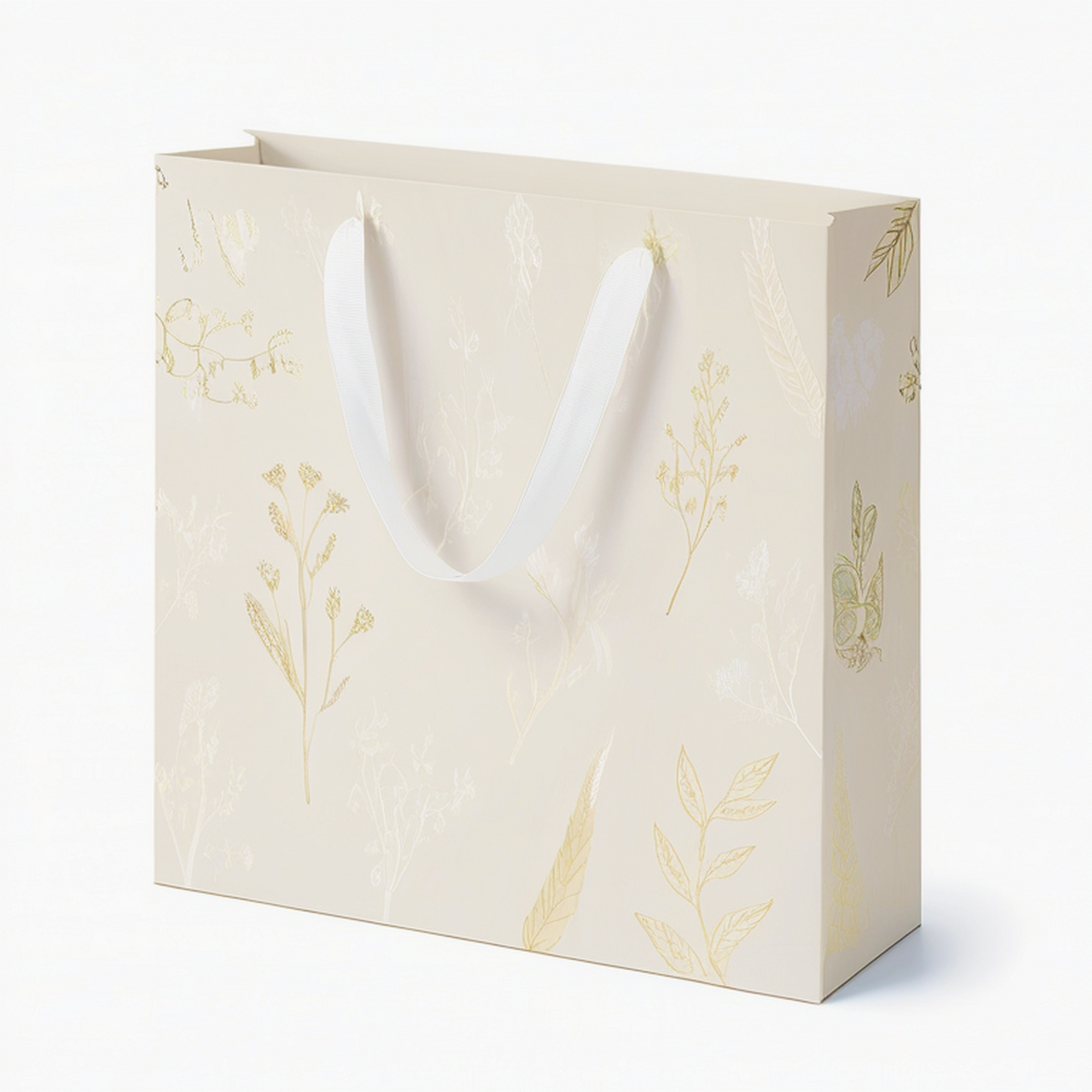 Sacchetto regalo 32 x 12 x 26 cm in carta beige con manici in nastro stile floreale