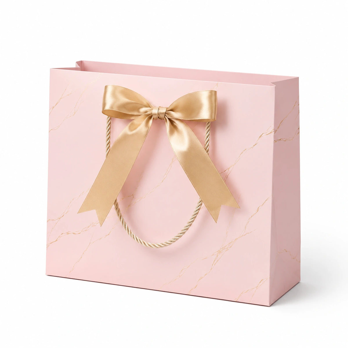 Sacchetto regalo 30 x 12 x 25 cm in carta rosa con fiocco dorato e manici in corda