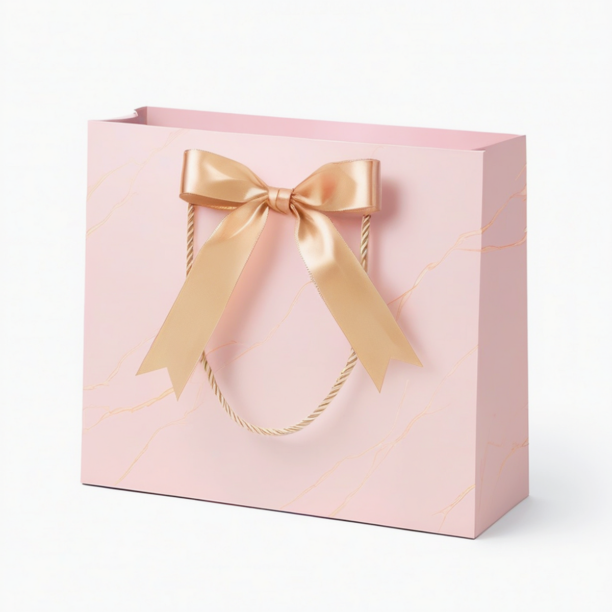 Sacchetto regalo 30 x 12 x 25 cm in carta rosa con fiocco dorato e manici in corda