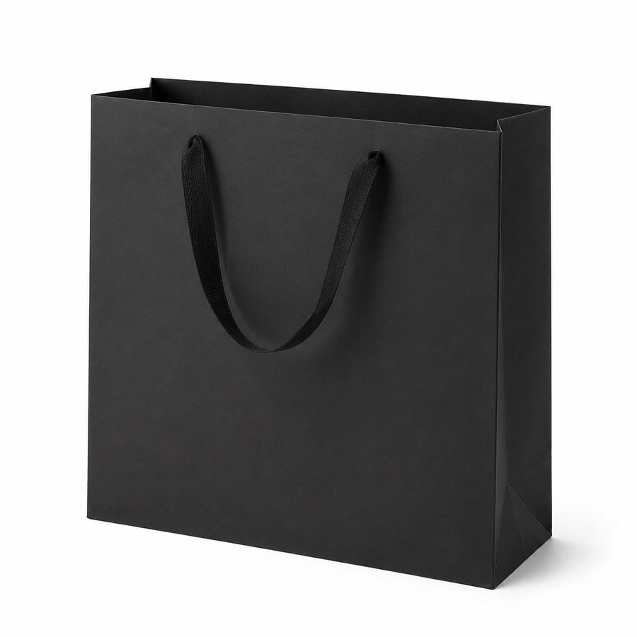 Borsa regalo 30 x 12 x 40 cm in carta nera con manici in nastro - stile minimalista