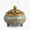 Bruciatore di incenso Ø 18 cm in ceramica verde e metallo dorato traforato decorativo