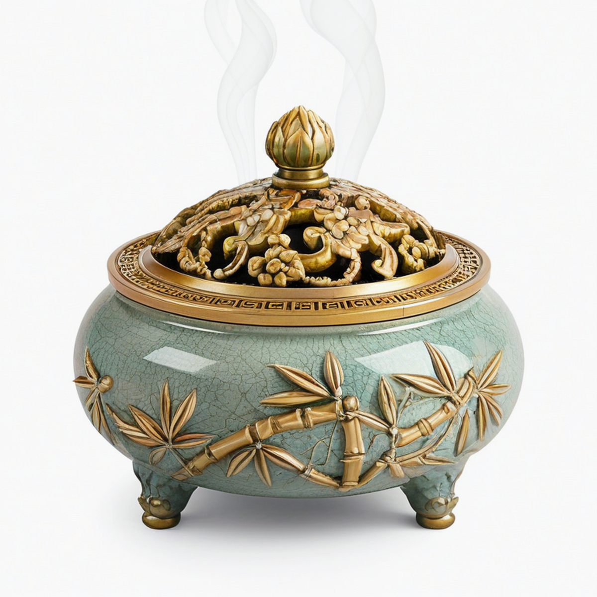 Bruciatore di incenso Ø 18 cm in ceramica verde e metallo dorato traforato decorativo