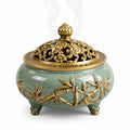 Bruciatore di incenso Ø 18 cm in ceramica verde e metallo dorato traforato decorativo