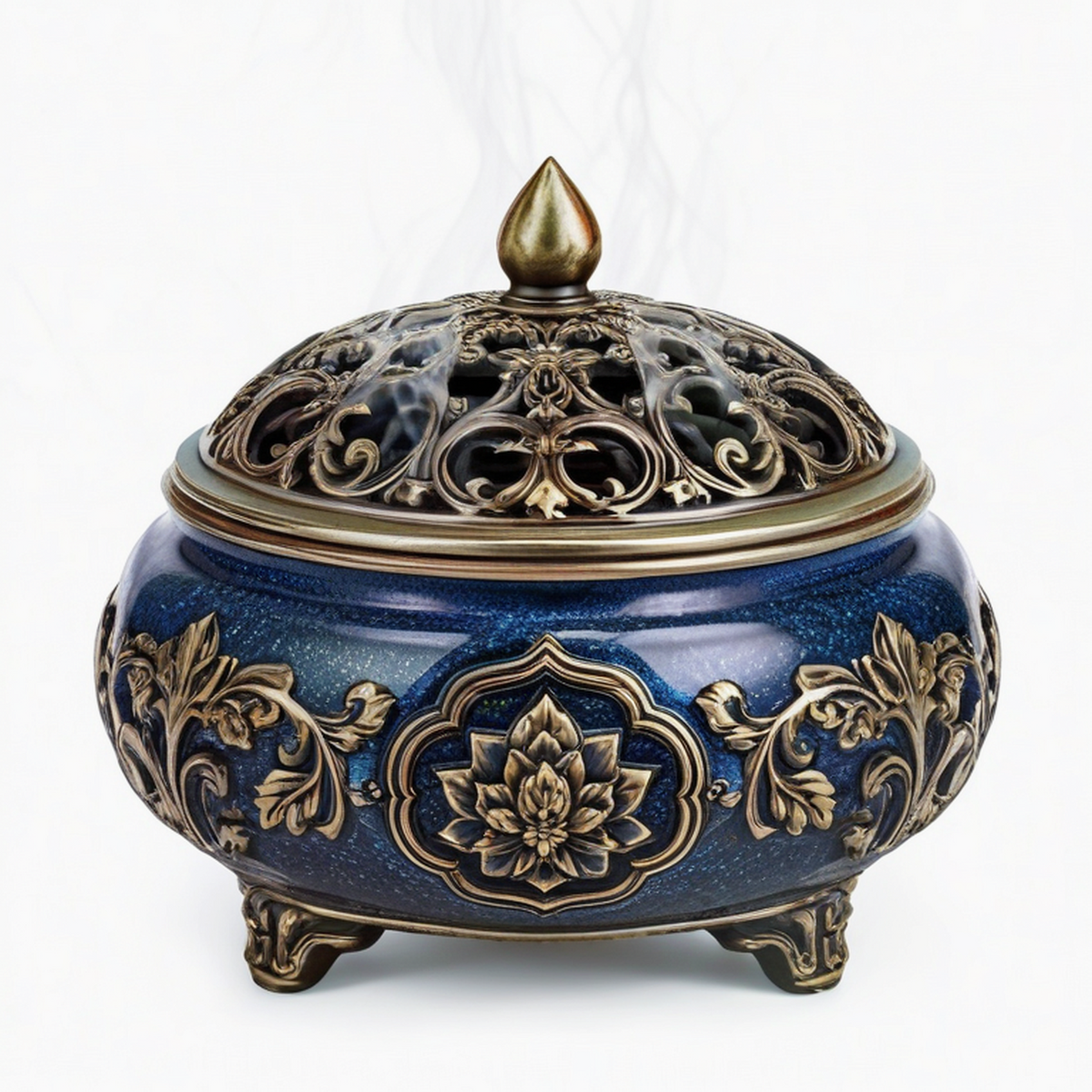 Bruciatore di incenso diametro 20 cm in ceramica blu e metallo dorato traforato decorativo