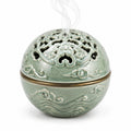 Bruciatore di incenso in ceramica verde celadon diametro 15 cm con coperchio traforato decorativo