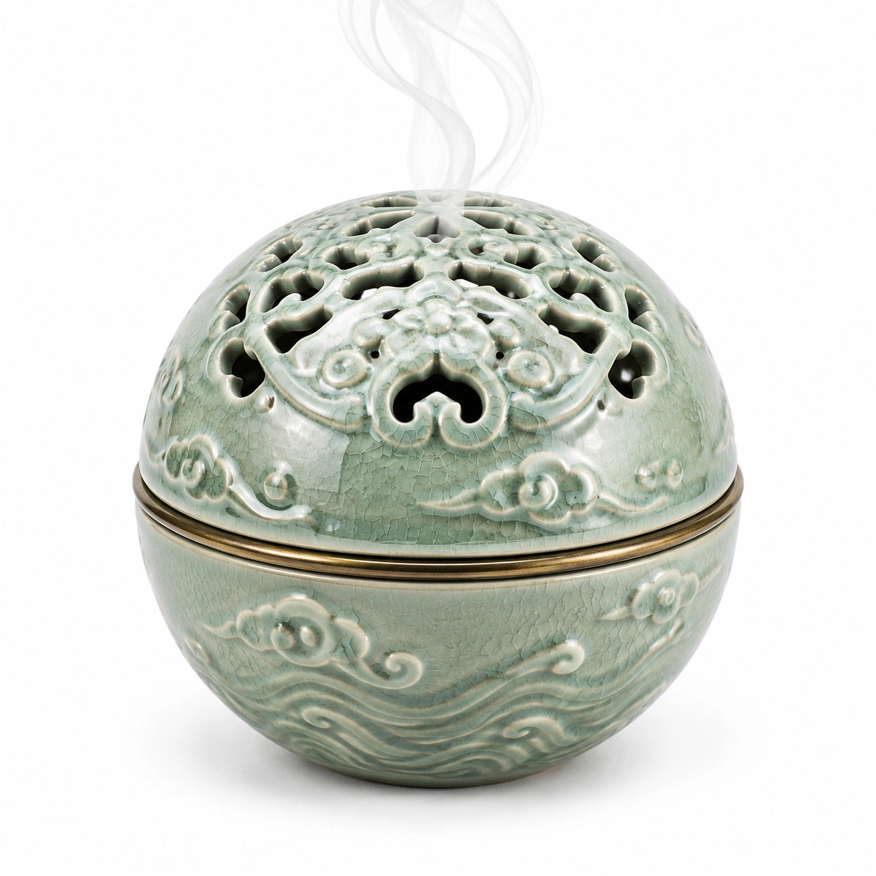 Bruciatore di incenso in ceramica verde celadon diametro 15 cm con coperchio traforato decorativo