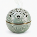 Bruciatore di incenso in ceramica verde celadon diametro 15 cm con coperchio traforato decorativo