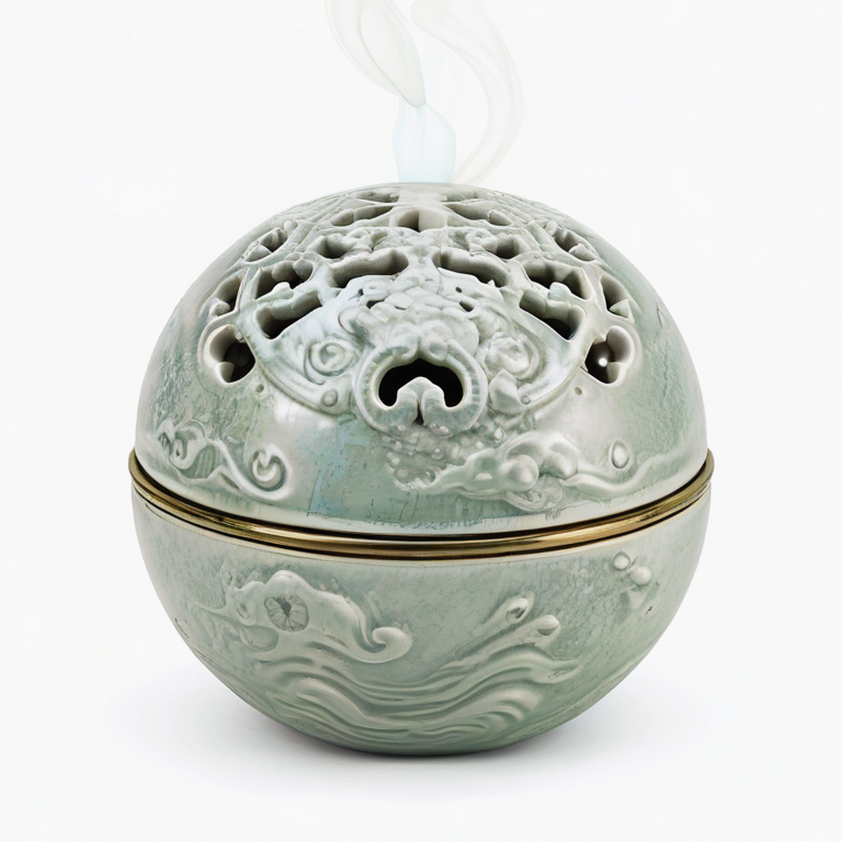 Bruciatore di incenso in ceramica verde celadon diametro 15 cm con coperchio traforato decorativo