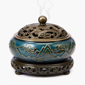Bruciatore di incenso Ø 20 cm in ceramica e metallo blu e bronzo con coperchio traforato decorativo