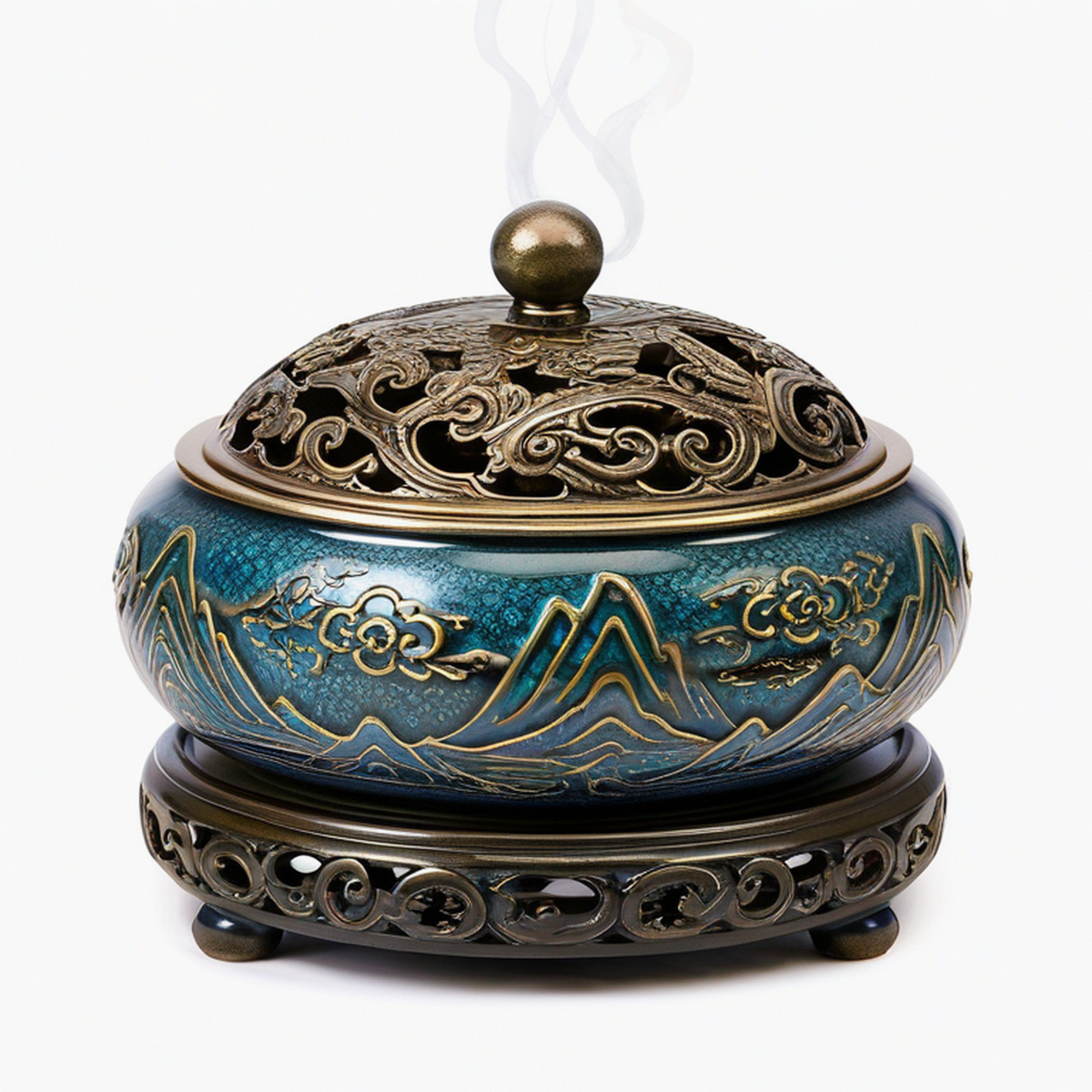 Bruciatore di incenso Ø 20 cm in ceramica e metallo blu e bronzo con coperchio traforato decorativo