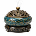 Bruciatore di incenso Ø 20 cm in ceramica e metallo blu e bronzo con coperchio traforato decorativo