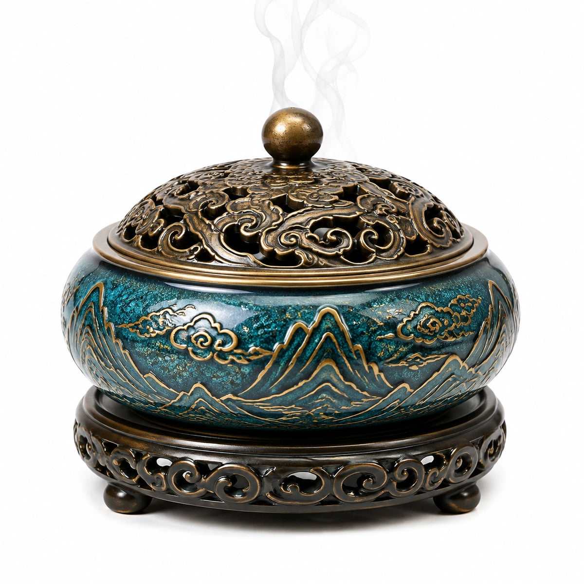 Bruciatore di incenso Ø 20 cm in ceramica e metallo blu e bronzo con coperchio traforato decorativo