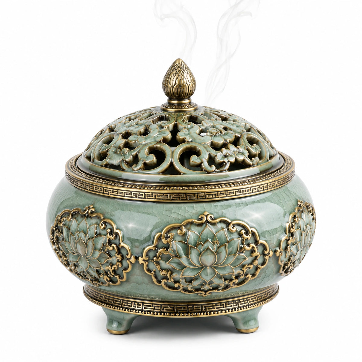 Bruciatore d'incenso in ceramica verde e oro 18 x 20 cm con coperchio traforato