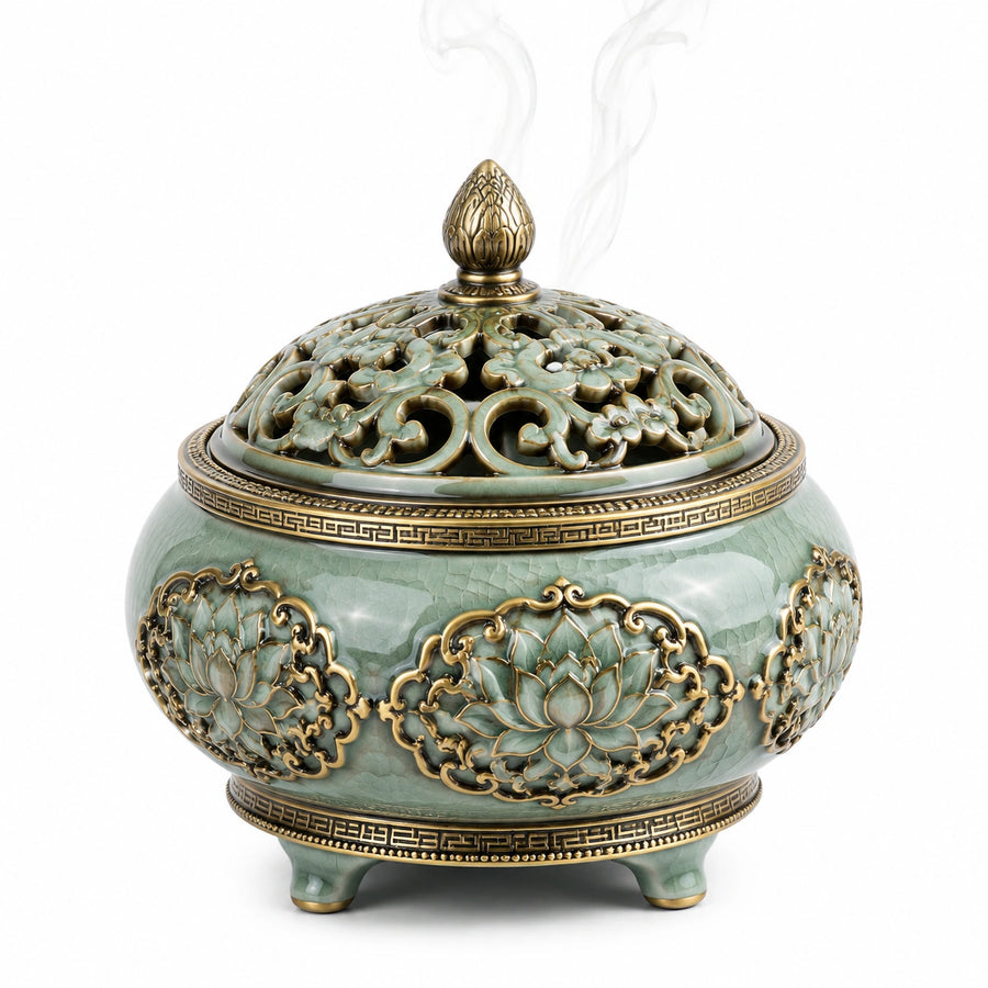 Bruciatore d'incenso in ceramica verde e oro 18 x 20 cm con coperchio traforato