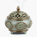 Bruciatore d'incenso in ceramica verde e oro 18 x 20 cm con coperchio traforato