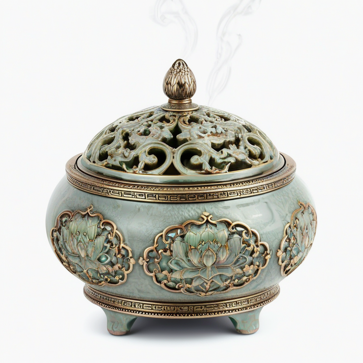 Bruciatore d'incenso in ceramica verde e oro 18 x 20 cm con coperchio traforato