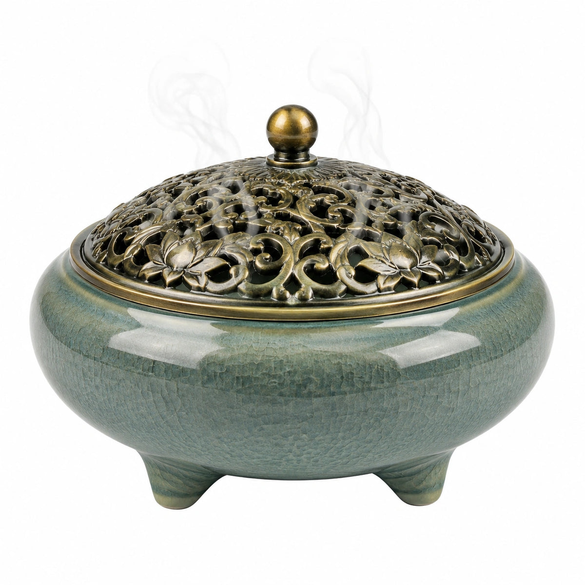 Bruciatore d'incenso Ø18 cm in ceramica verde con coperchio traforato decorativo