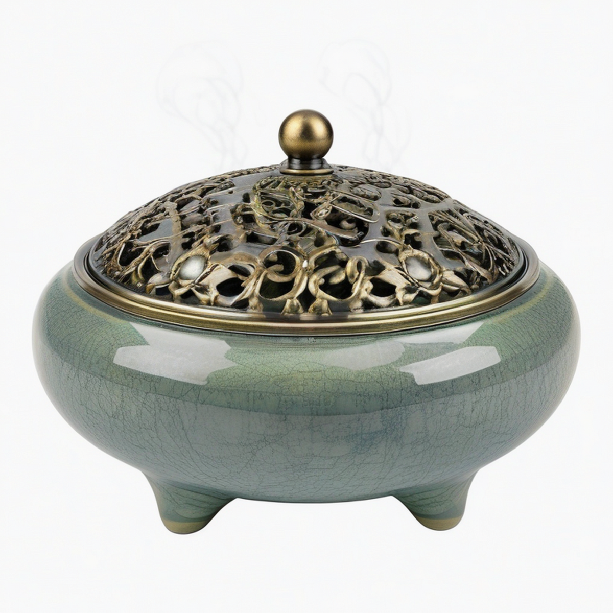 Bruciatore d'incenso Ø18 cm in ceramica verde con coperchio traforato decorativo