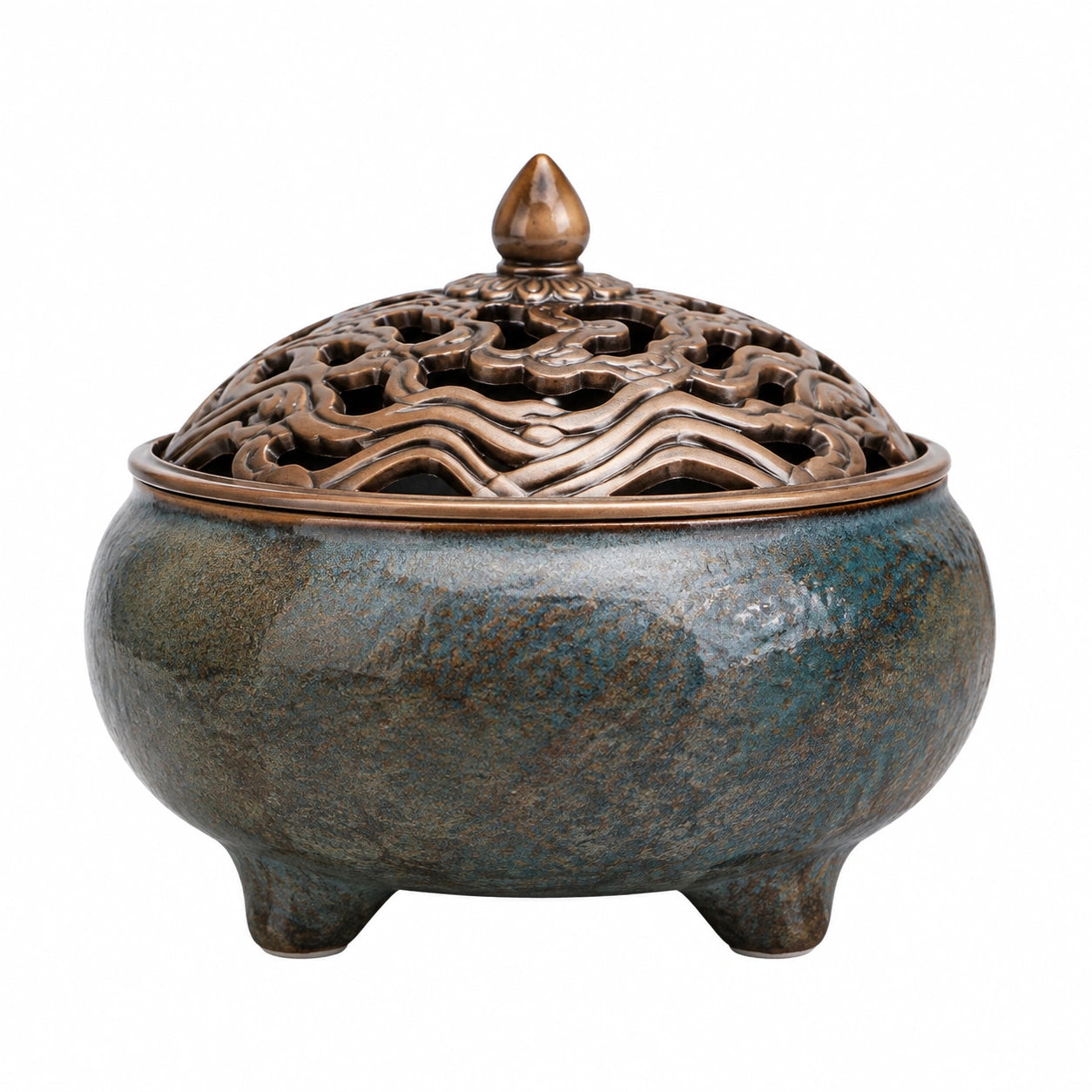 Bruciatore di incenso Ø18 cm in ceramica e metallo blu bronzo con coperchio traforato decorativo