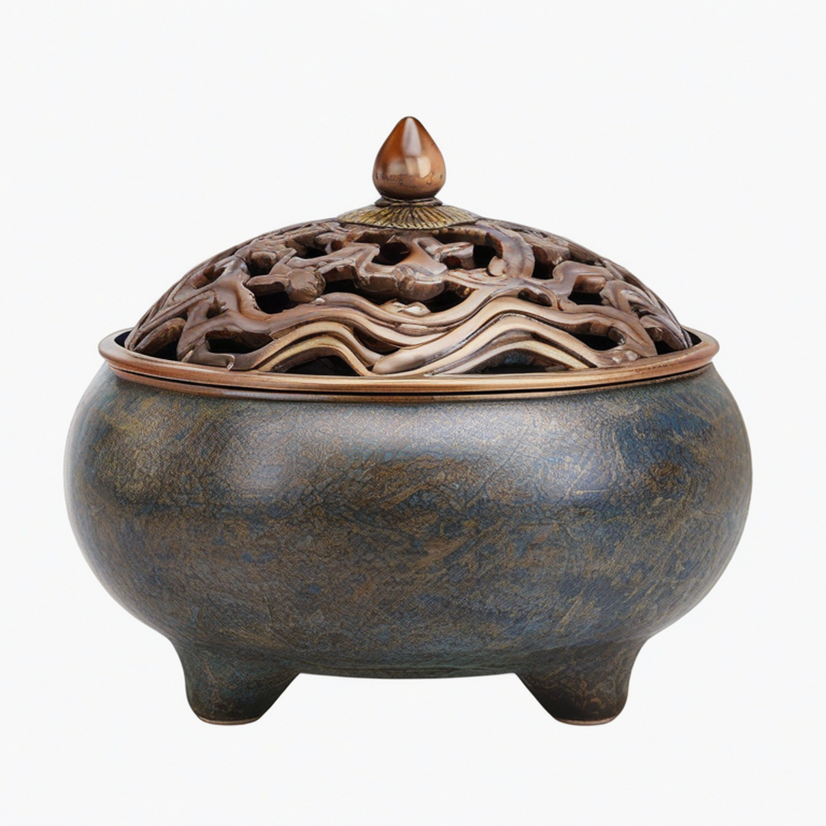 Bruciatore di incenso Ø18 cm in ceramica e metallo blu bronzo con coperchio traforato decorativo