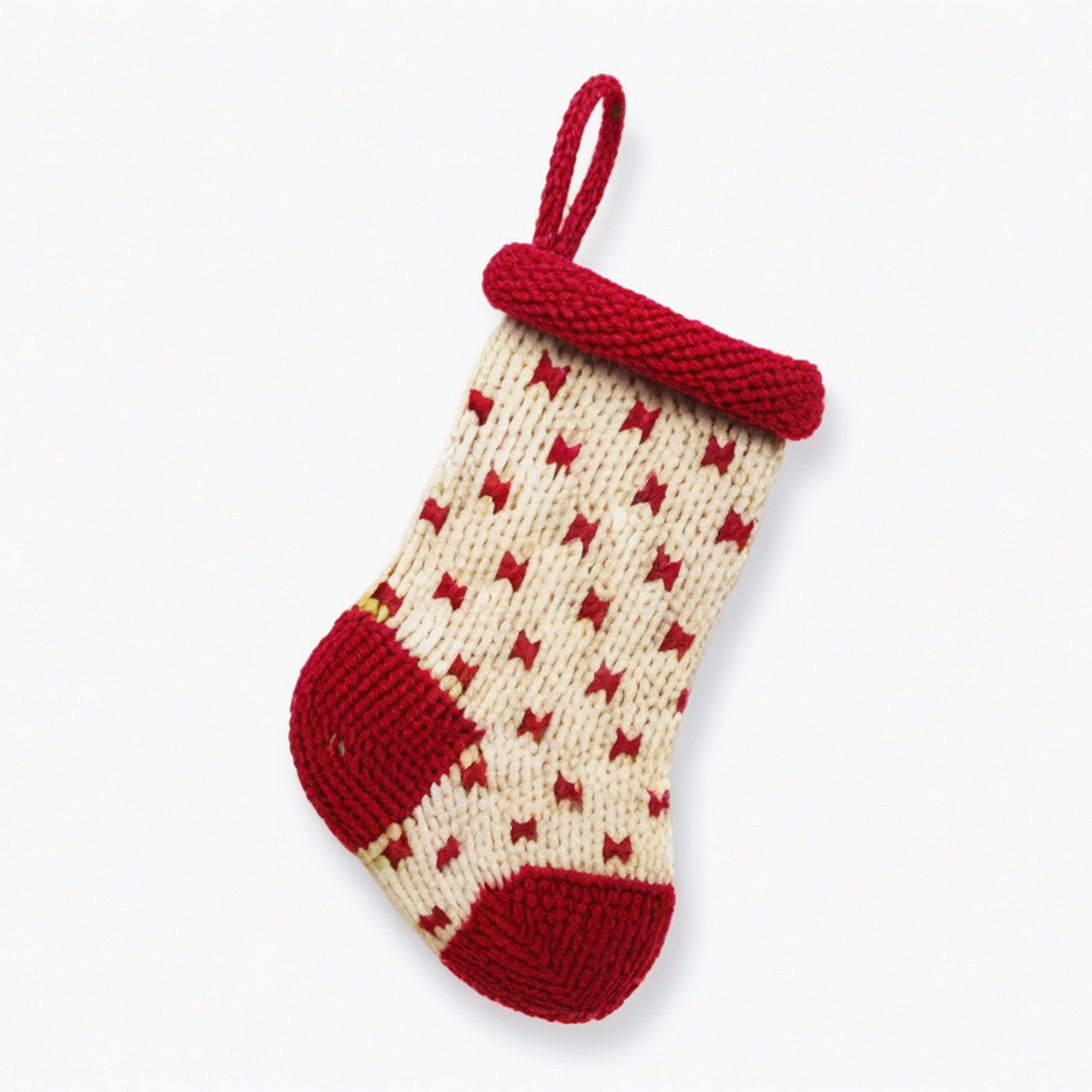 Calza decorativa 20 cm in filato tessile rosso e avorio lavorata a maglia da appendere