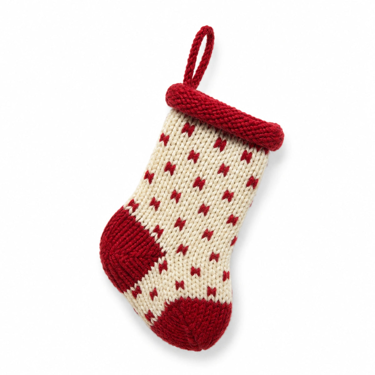 Calza decorativa 20 cm in filato tessile rosso e avorio lavorata a maglia da appendere