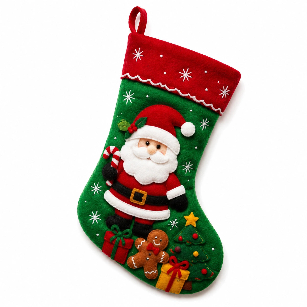 Calza natalizia 45 x 28 cm in feltro verde e rosso - decorazione da appendere con Babbo Natale