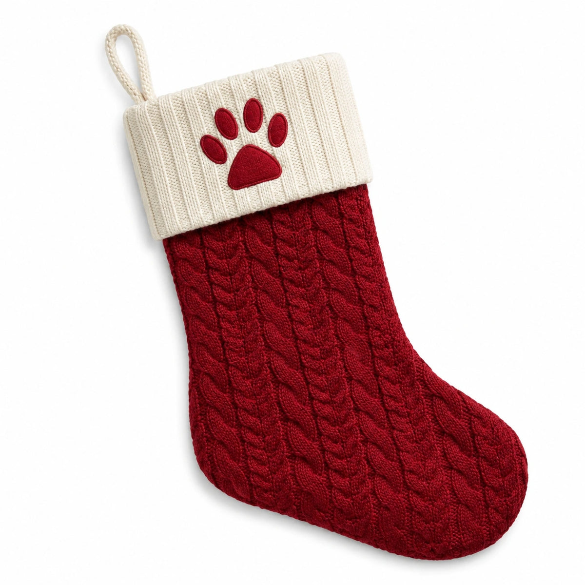 Calza decorativa natalizia 45 cm in tessuto lavorato rosso e bianco con motivo zampa
