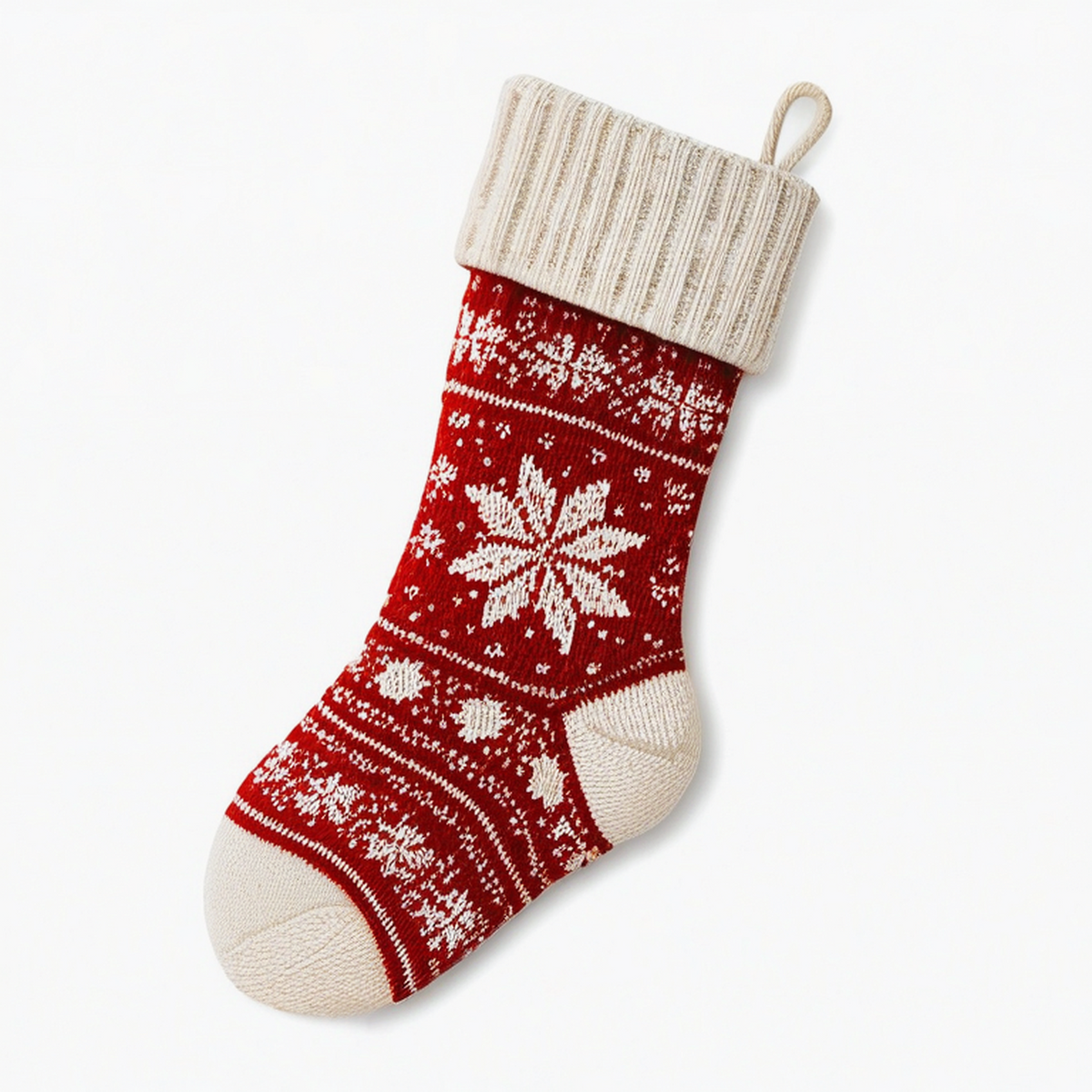 Calza decorativa 45 cm in tessuto a maglia rosso/avorio con motivo fiocco di neve e passante