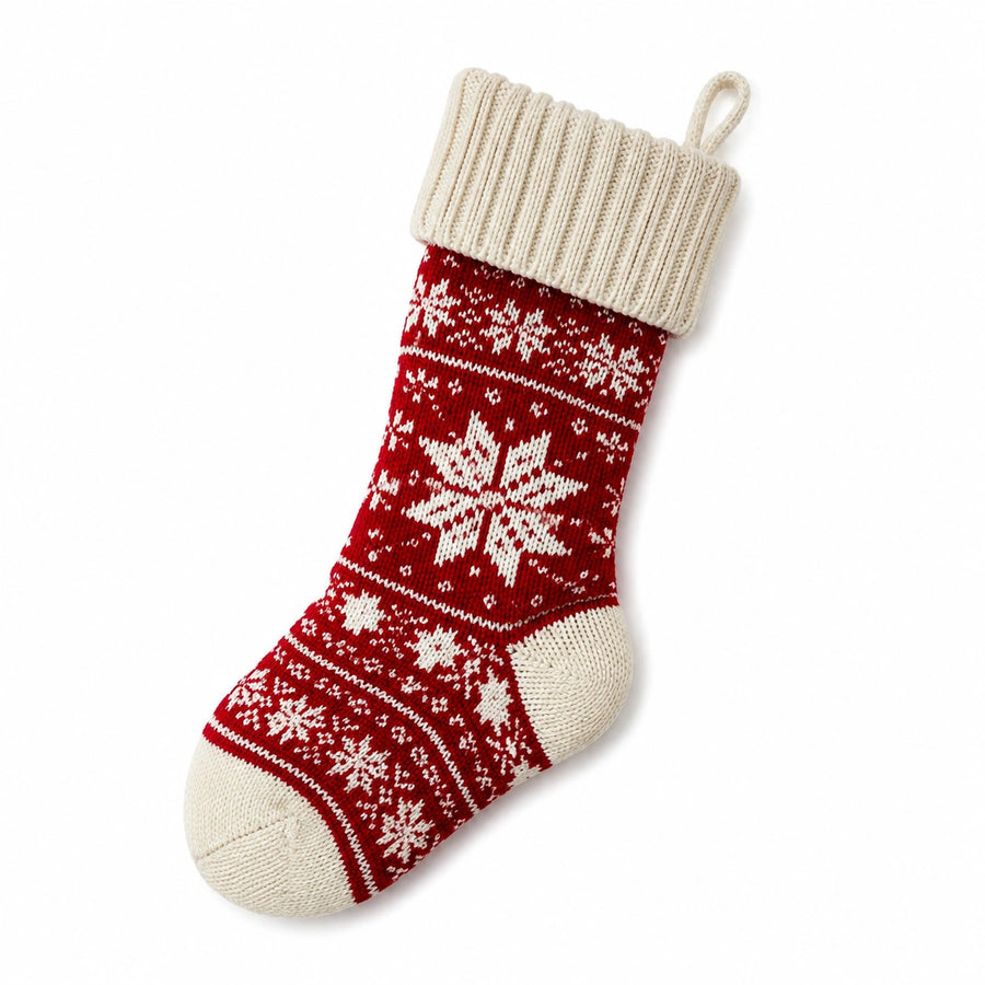 Calza decorativa 45 cm in tessuto a maglia rosso/avorio con motivo fiocco di neve e passante