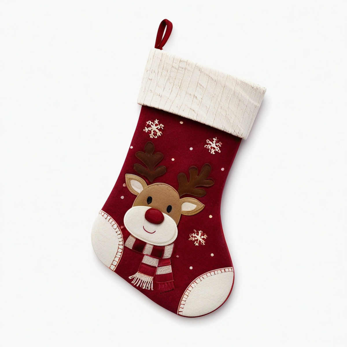 Calza decorativa 45 cm in tessuto rosso e bianco con renna applicata