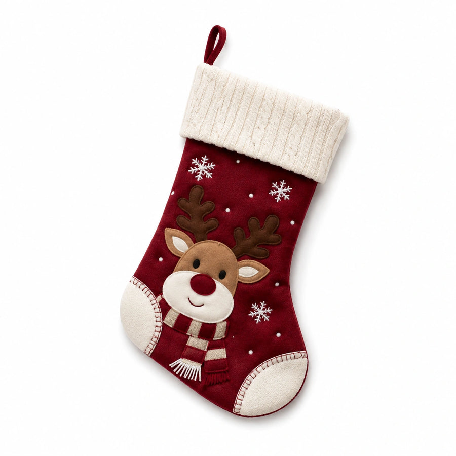 Calza decorativa 45 cm in tessuto rosso e bianco con renna applicata