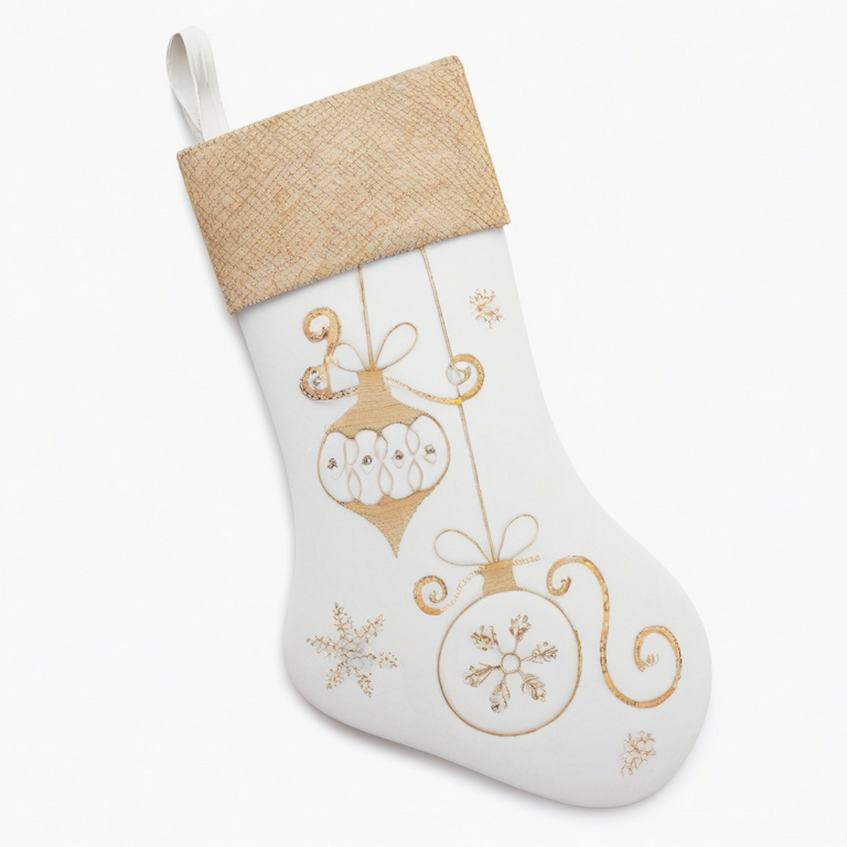 Calza natalizia 45 cm in tessuto vellutato bianco e oro con ricami decorativi