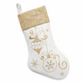 Calza natalizia 45 cm in tessuto vellutato bianco e oro con ricami decorativi