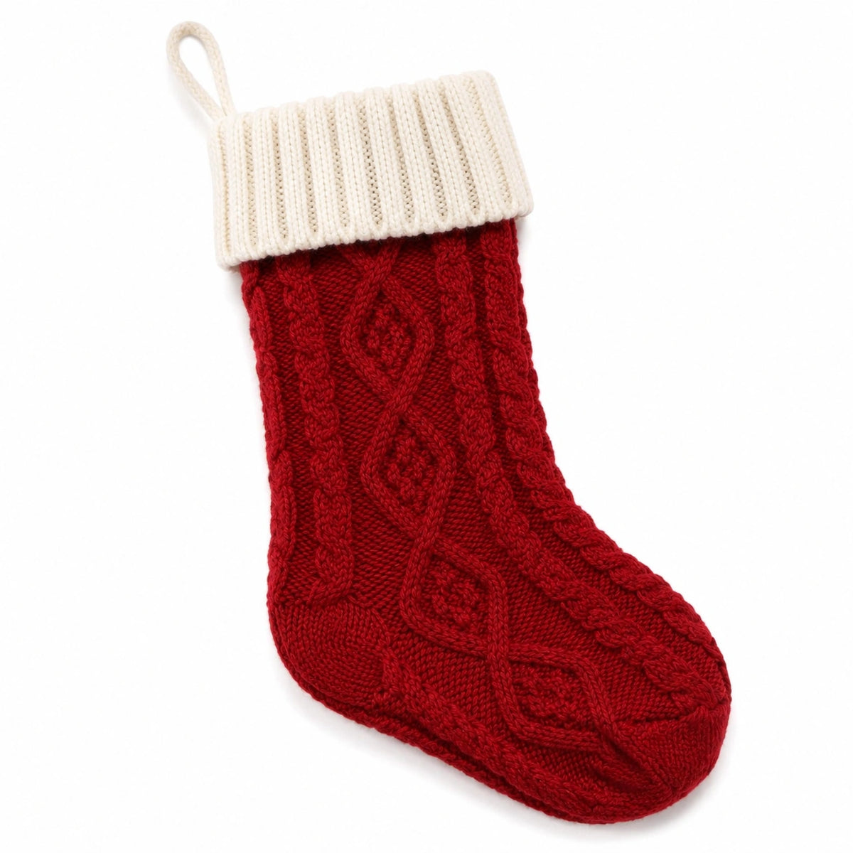 Calza decorativa da appendere 45 cm in filato rosso e crema con lavorazione a trecce