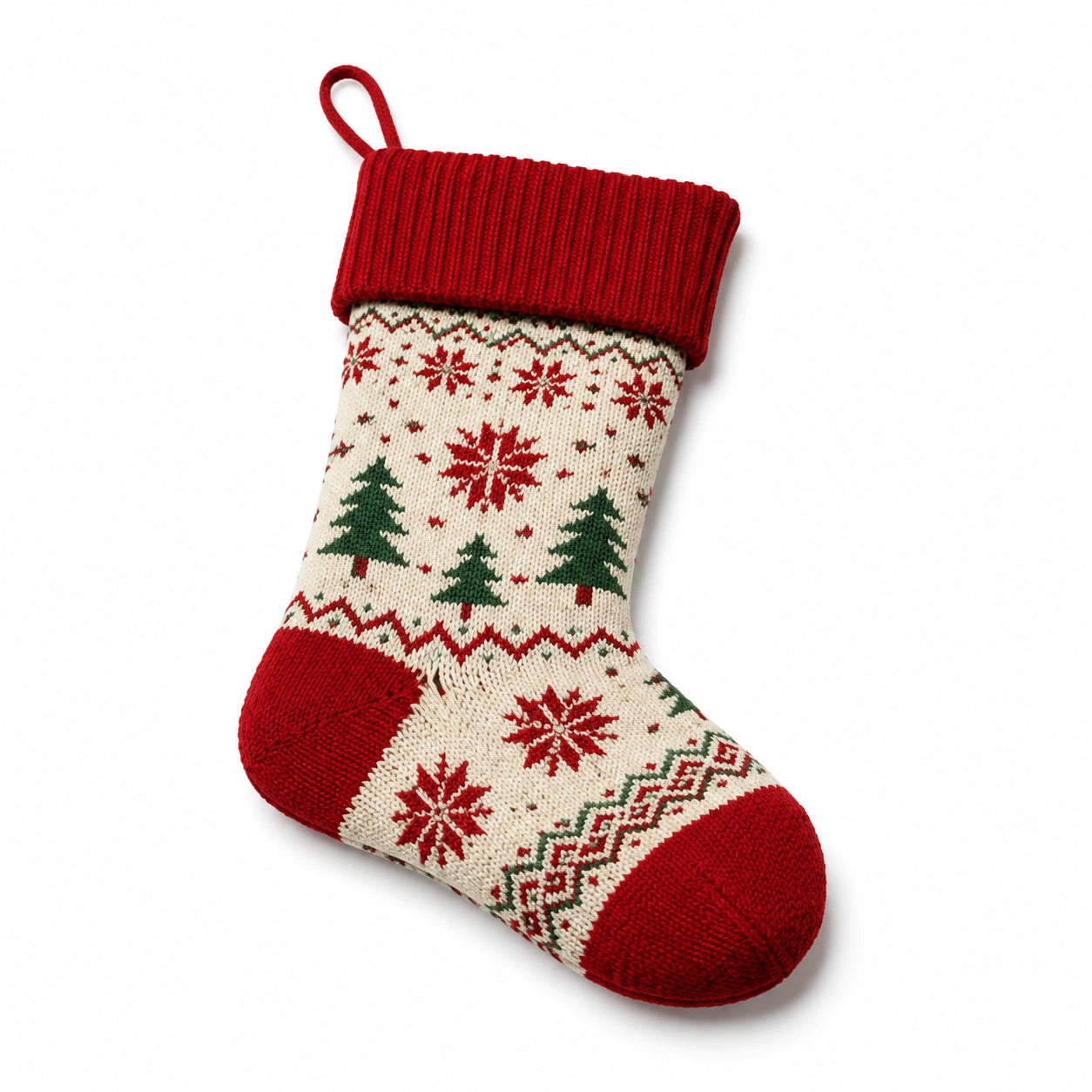Calza decorativa natalizia 45 cm in tessuto a maglia rosso crema e verde con motivo invernale