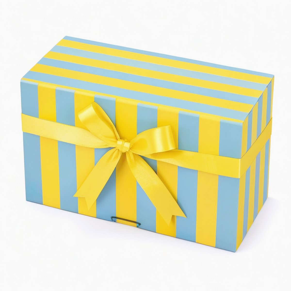Scatola regalo 30 x 20 x 15 cm in cartoncino blu e giallo con nastro decorativo a righe