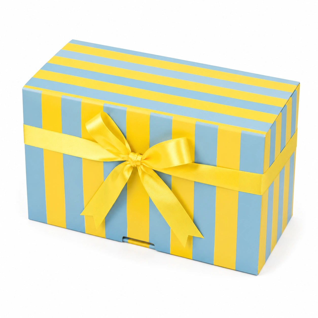 Scatola regalo 30 x 20 x 15 cm in cartoncino blu e giallo con nastro decorativo a righe