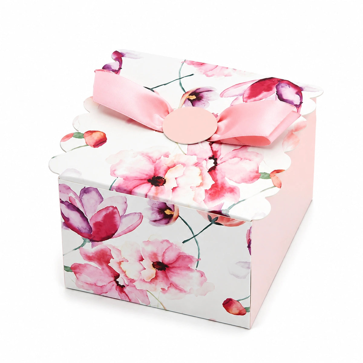 Scatola regalo 20 x 20 x 12 cm in cartone bianco e rosa con stampa floreale e fiocco