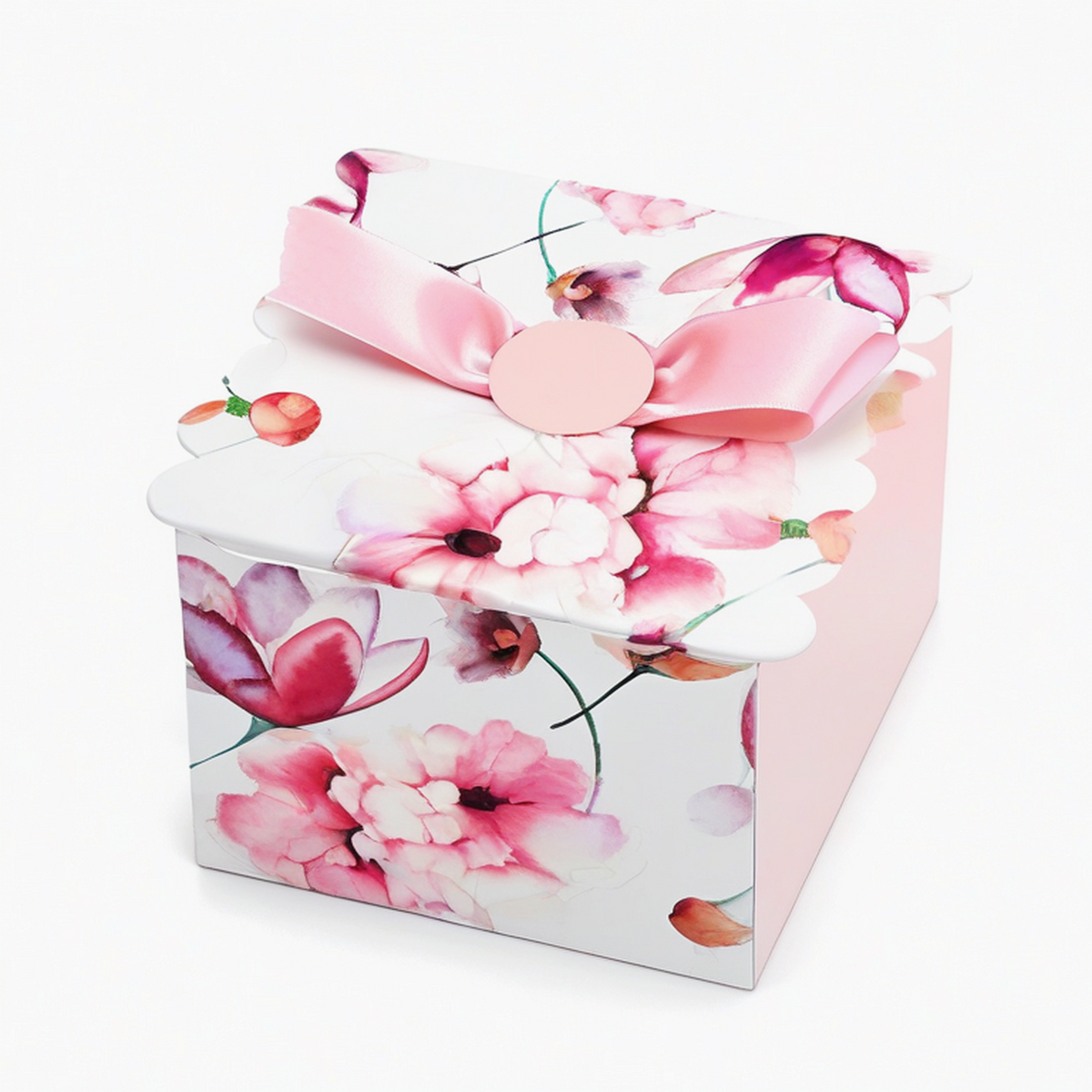 Scatola regalo 20 x 20 x 12 cm in cartone bianco e rosa con stampa floreale e fiocco