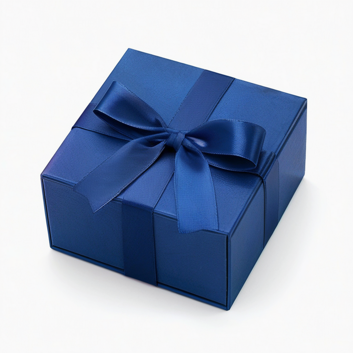Scatola regalo quadrata 15 x 15 x 8 cm in cartone blu con nastro in raso